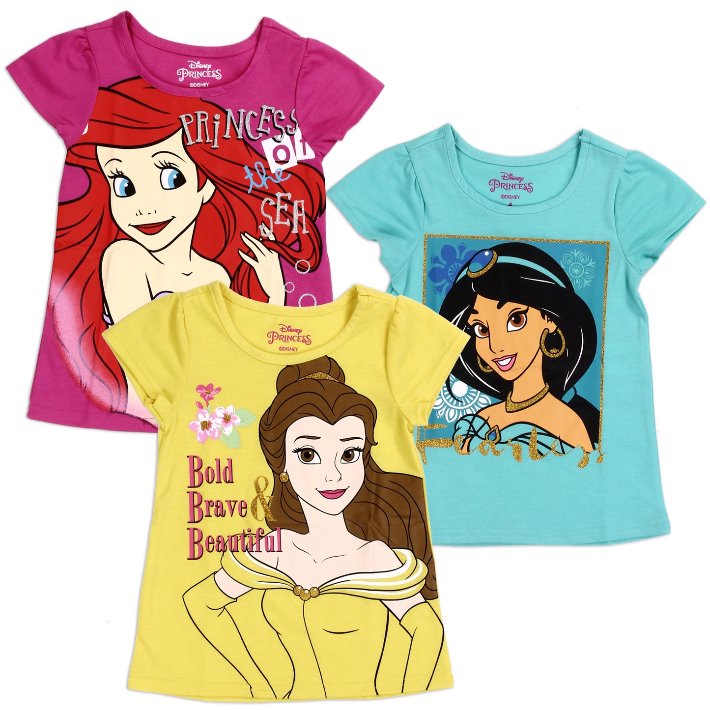 DISNEY PRINCESS Girls 3-PACK T-Shirts (Pack of 6)