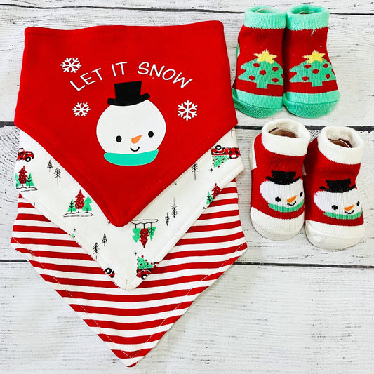BABY'S FIRST CHRISTMAS Baby Bibs and Booties Set - Snowman (Pack of 4)